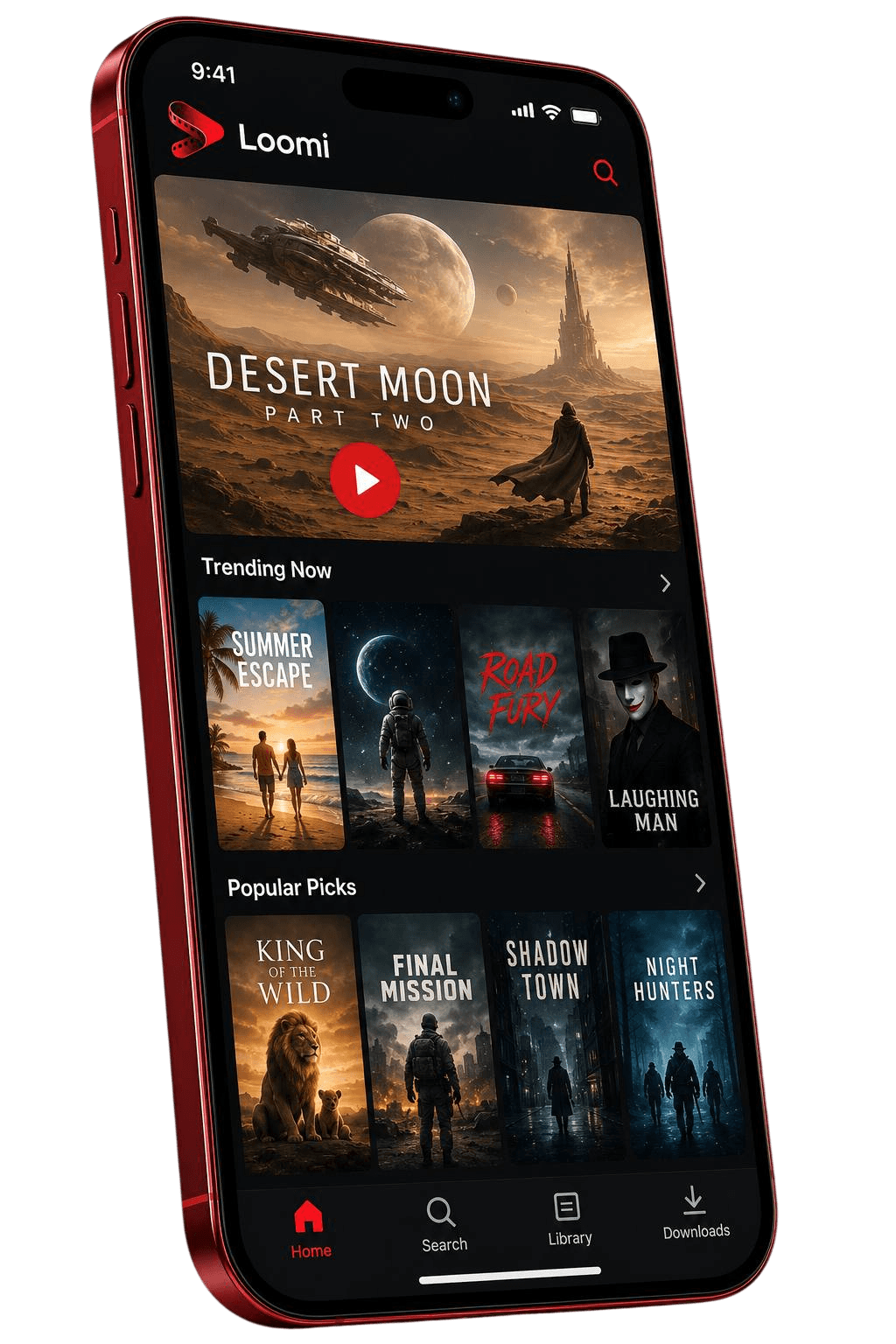 Loomi app interface showing the movie and series catalog